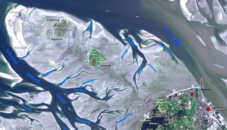 Satellitenbildkarte des Wattenweg von Cuxhaven nach Neuwerk.