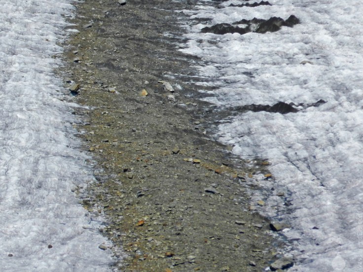 Die Bänder der charakteristischen Mittelmoränen am Aletschgletscher betshen aus Schutt- und Geröllablagerungen die mit Dem Eis ins Tal fließen.